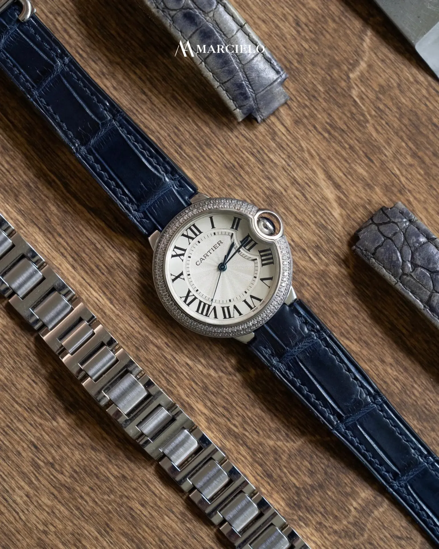 Dây đồng hồ thủ công - Cartier Ballon Bleu  - Da Cá Sấu - Màu Xanh Navy