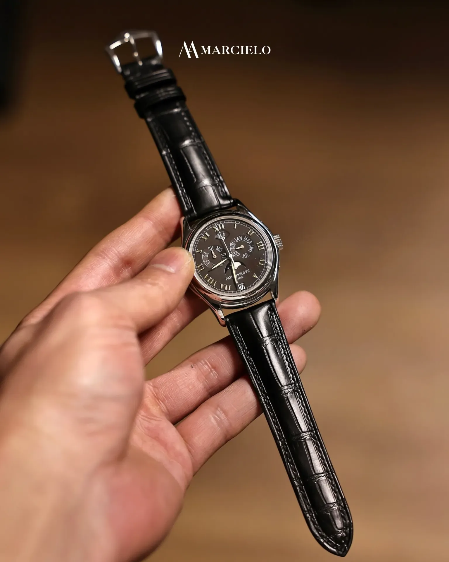 Dây đồng hồ thủ công - Patek Philippe 5038G - Da Cá Sấu - Màu Đen