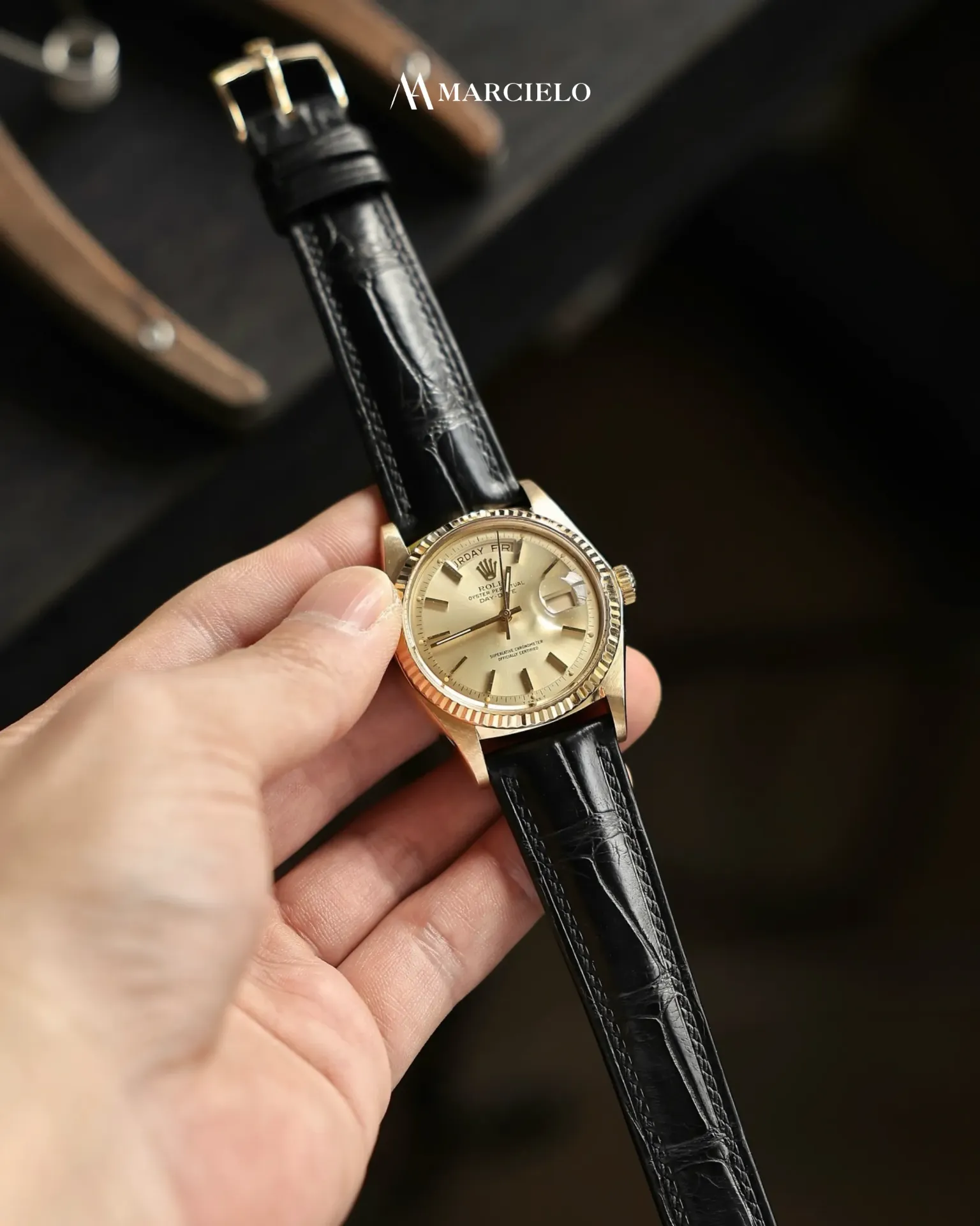 Dây đồng hồ thủ công - Rolex Daydate  - Da Cá Sấu - Màu Đen