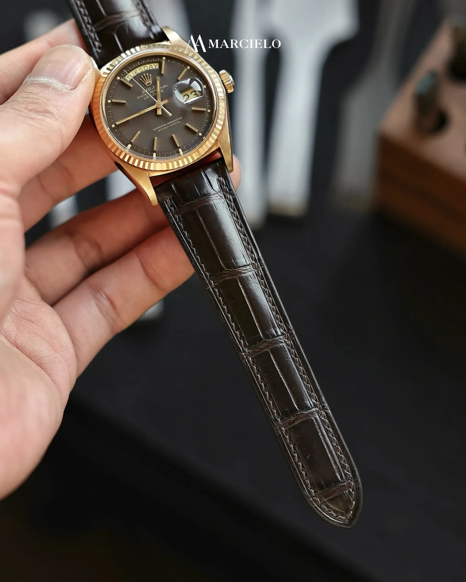 Dây đồng hồ thủ công - Rolex 1803  - Da Cá Sấu - Màu Nâu