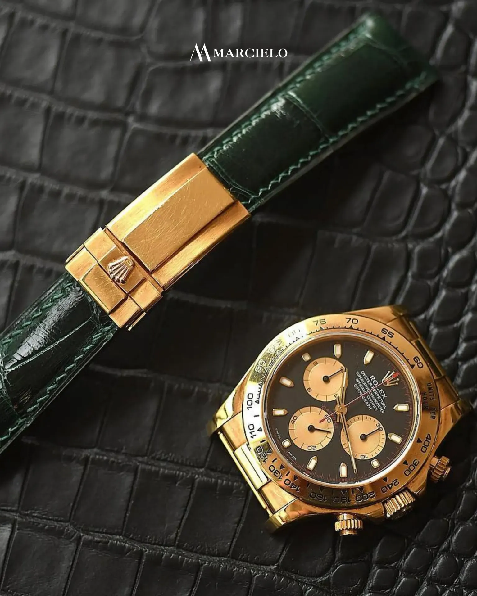 Dây đồng hồ thủ công - Rolex Cosmograph  - Da Cá Sấu - Màu Xanh Lá Đậm