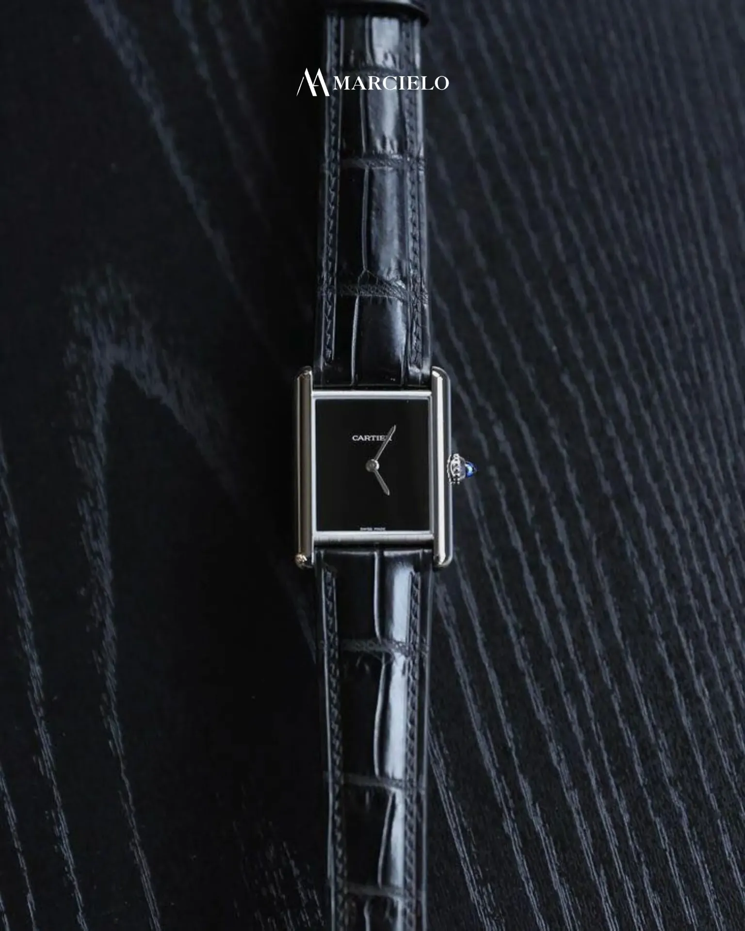 Dây đồng hồ thủ công - Cartier Must De - Da Cá Sấu - Màu Đen