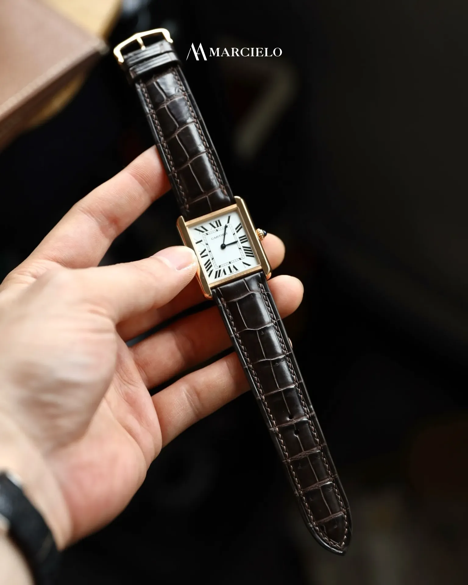 Dây đồng hồ thủ công - Cartier Must De - Da Cá Sấu - Màu Nâu