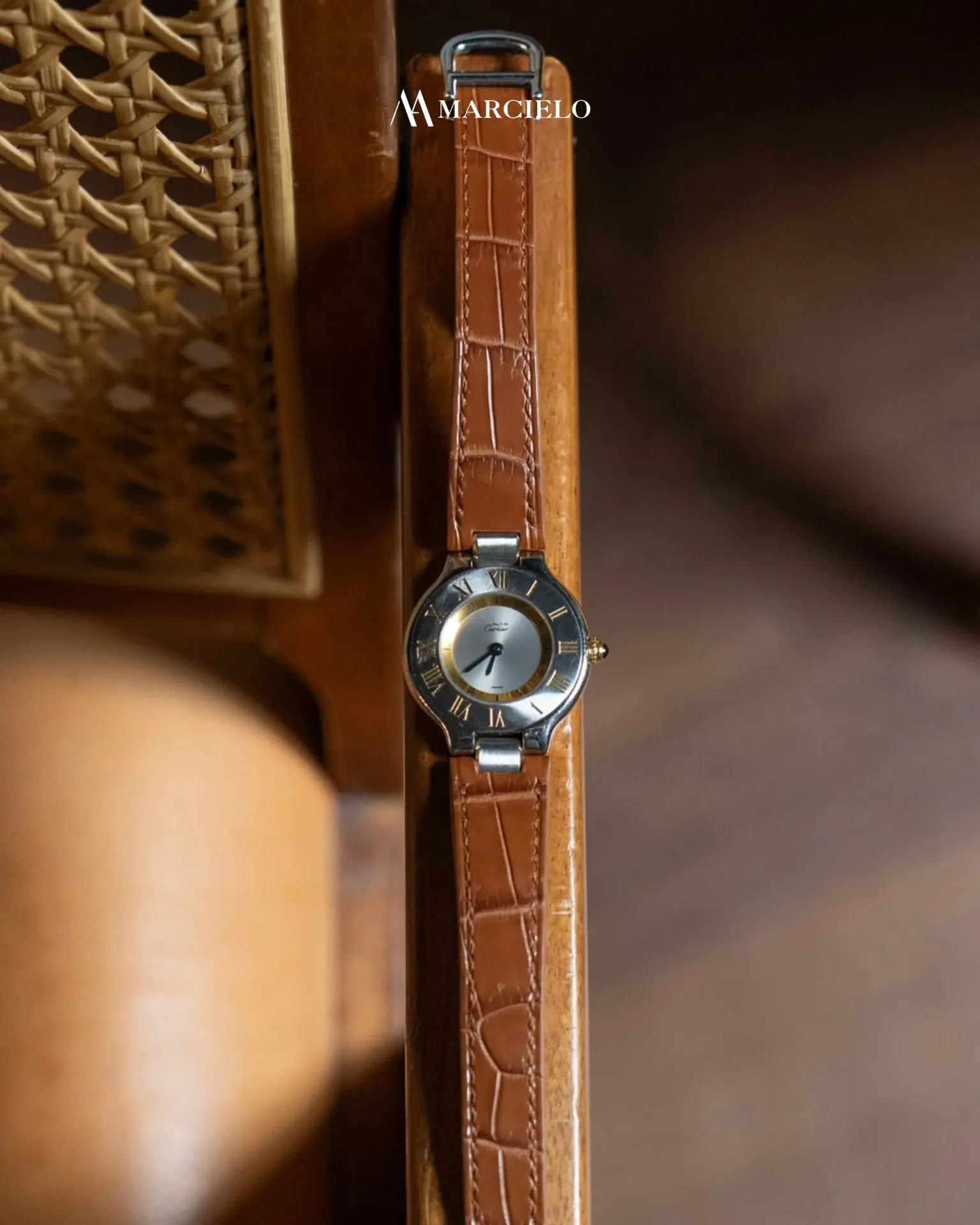 Dây đồng hồ thủ công - Cartier Must De 21 - Da Cá Sấu - Màu Vàng