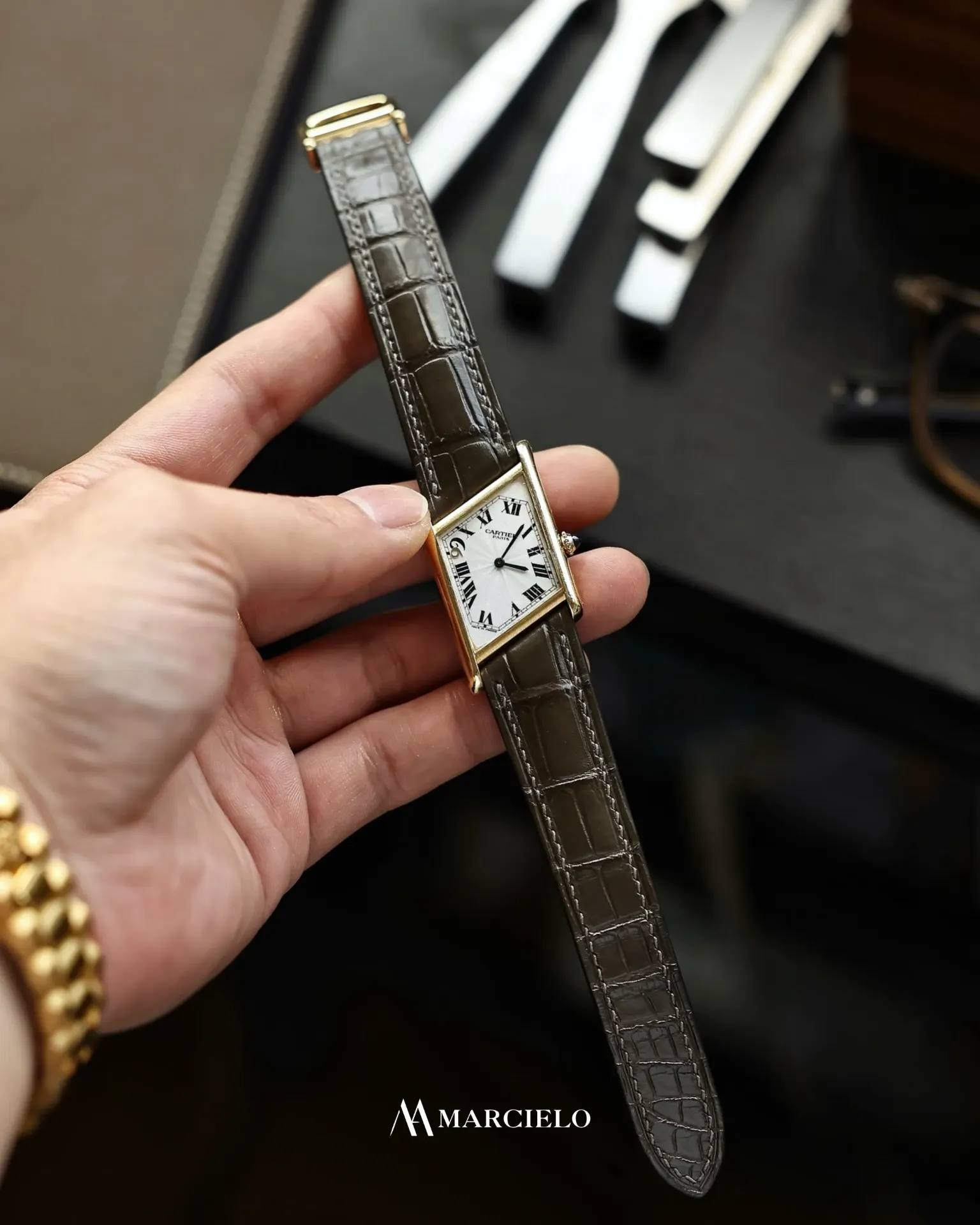 Dây đồng hồ thủ công - Cartier Asymétrique - Da Cá Sấu - Màu Xám