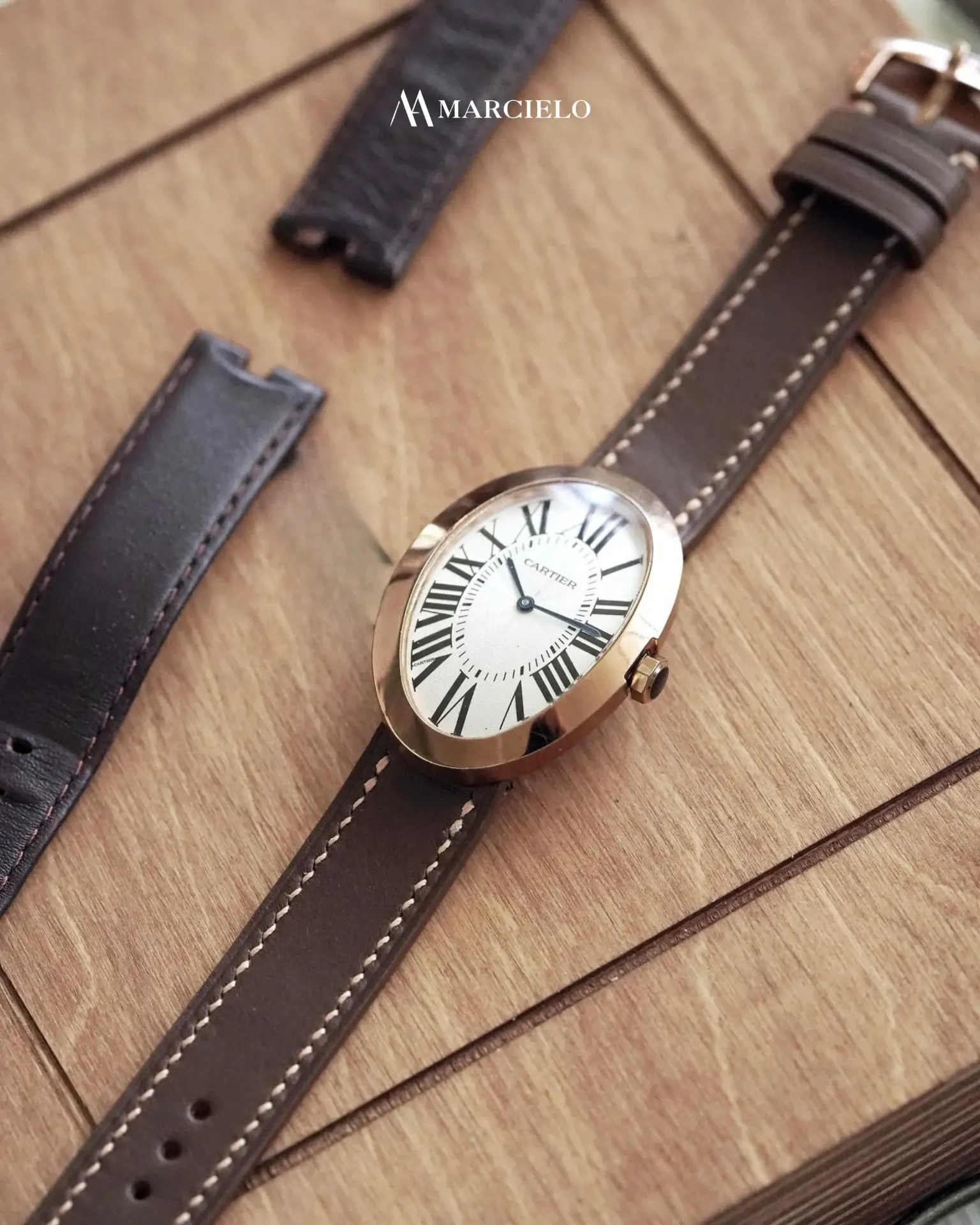 Dây đồng hồ thủ công - Cartier Baignoire - Da Bò - Màu Nâu