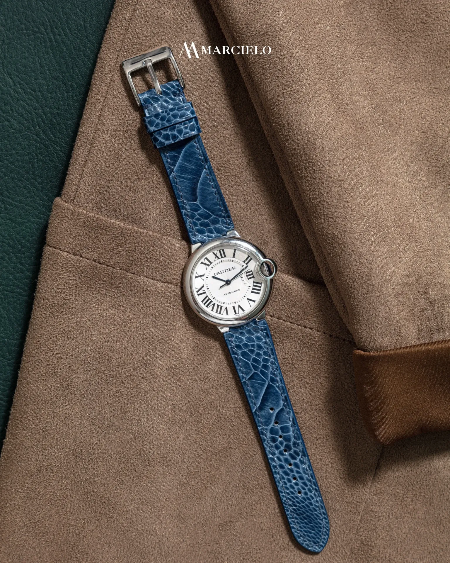 Dây đồng hồ thủ công - Cartier Ballon Bleu  - Da Đà Điểu - Màu Xanh Navy