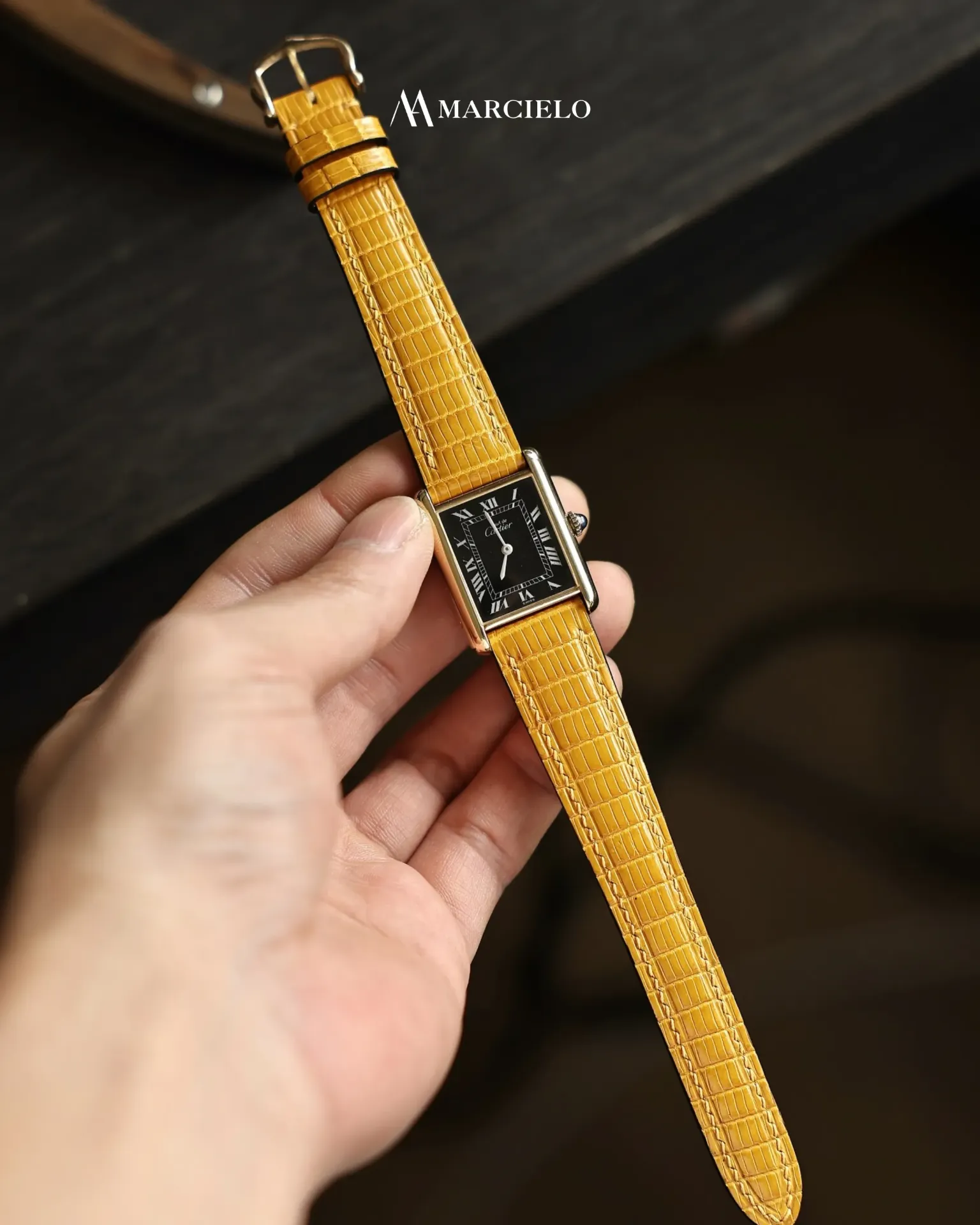 Dây đồng hồ thủ công - Cartier Must De 1970 - Da Kỳ Đà - Màu Vàng