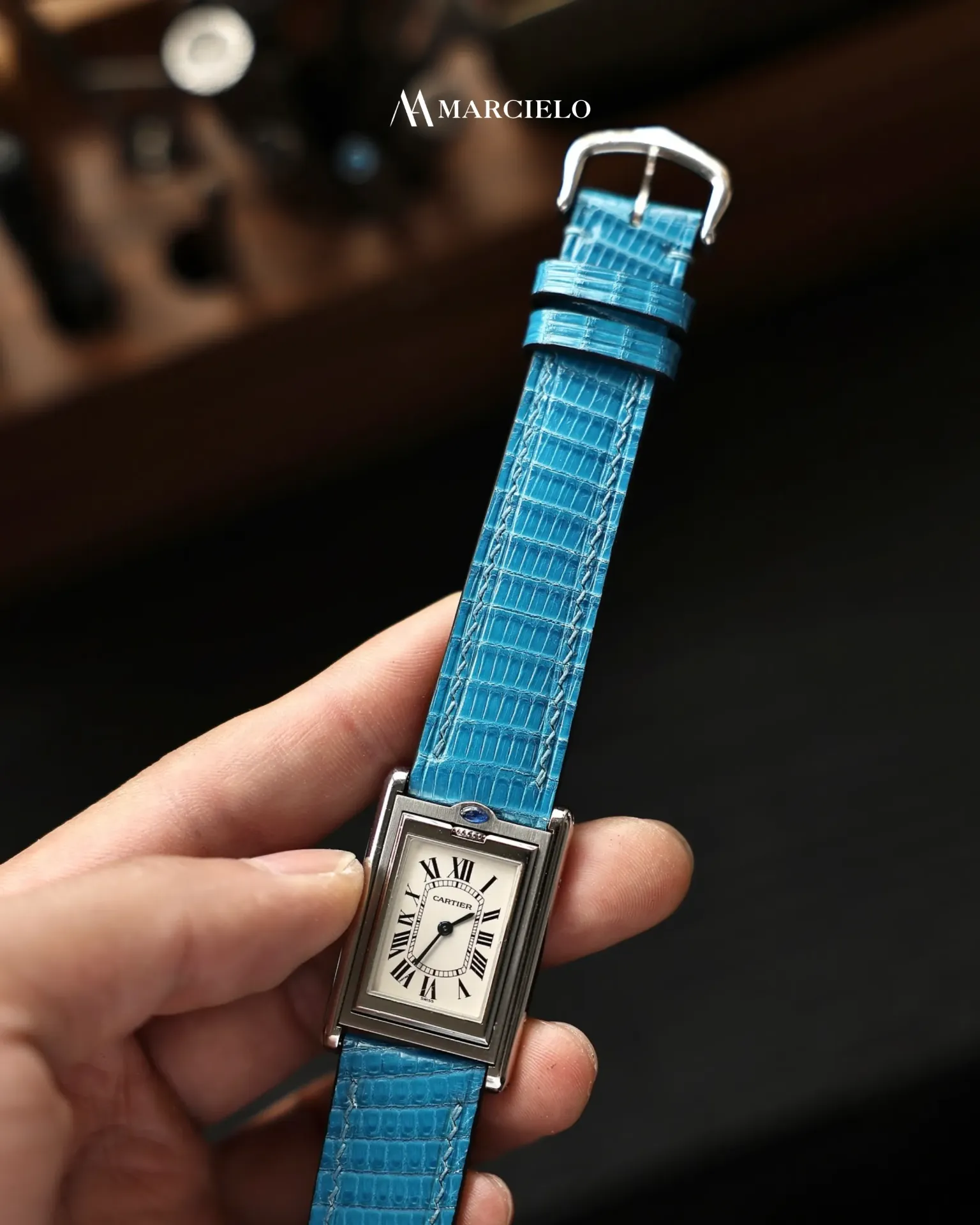 Dây đồng hồ thủ công - Cartier Basculante - Da Kỳ Đà - Màu Xanh Lam