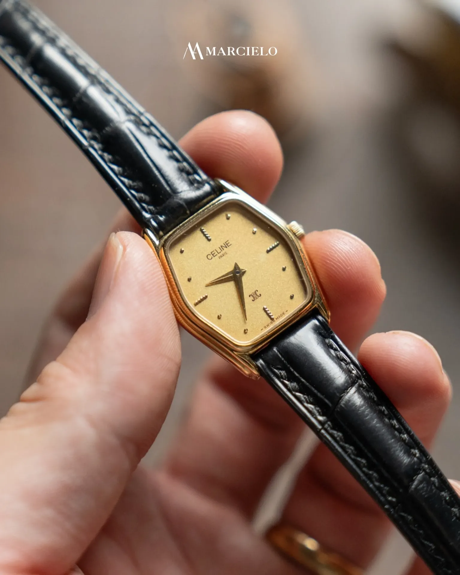 Dây đồng hồ thủ công - Celine - Da Cá Sấu - Màu Đen