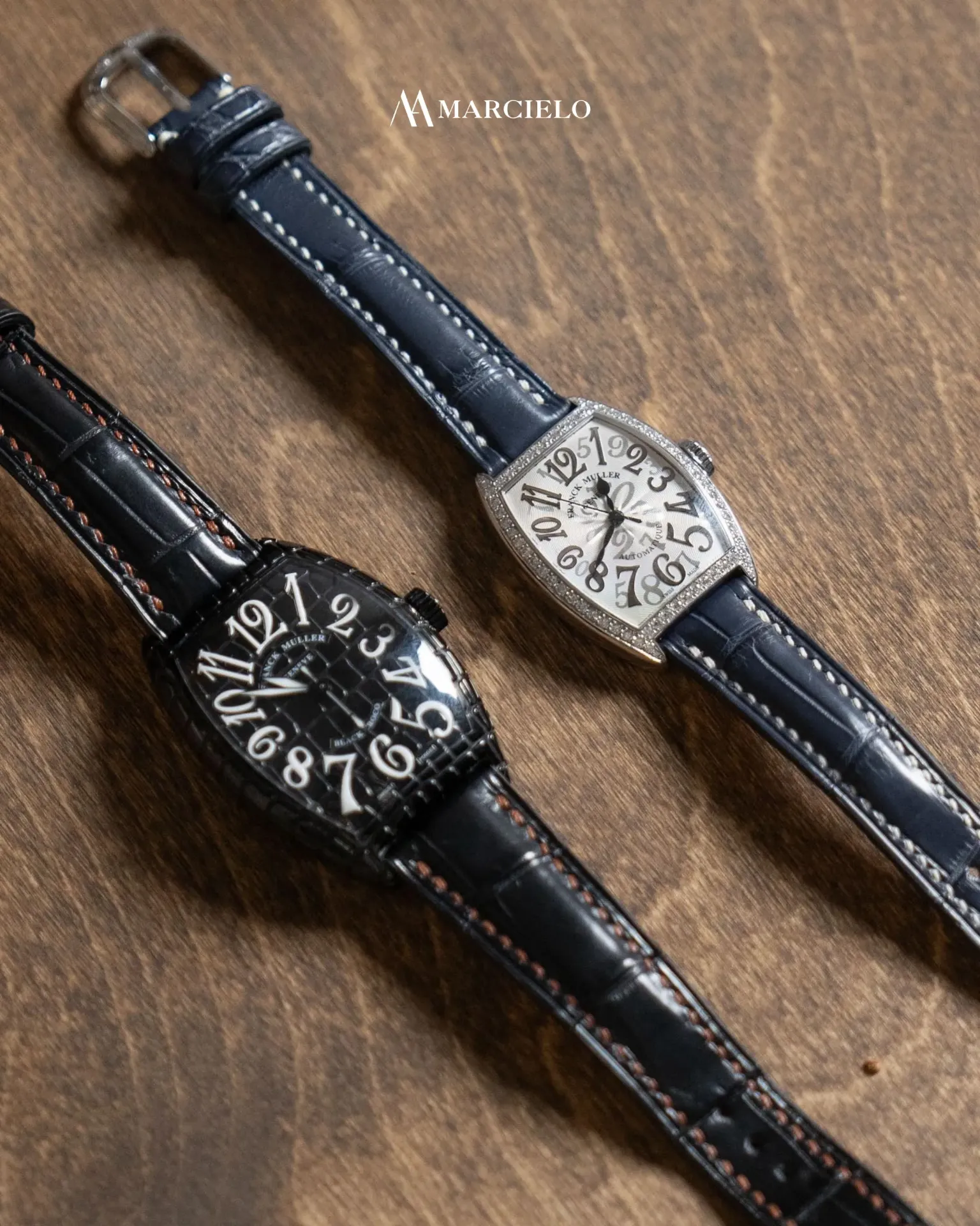 Dây đồng hồ thủ công - Franck Muller - Da cá sấu - Màu Đen & Xanh Navy