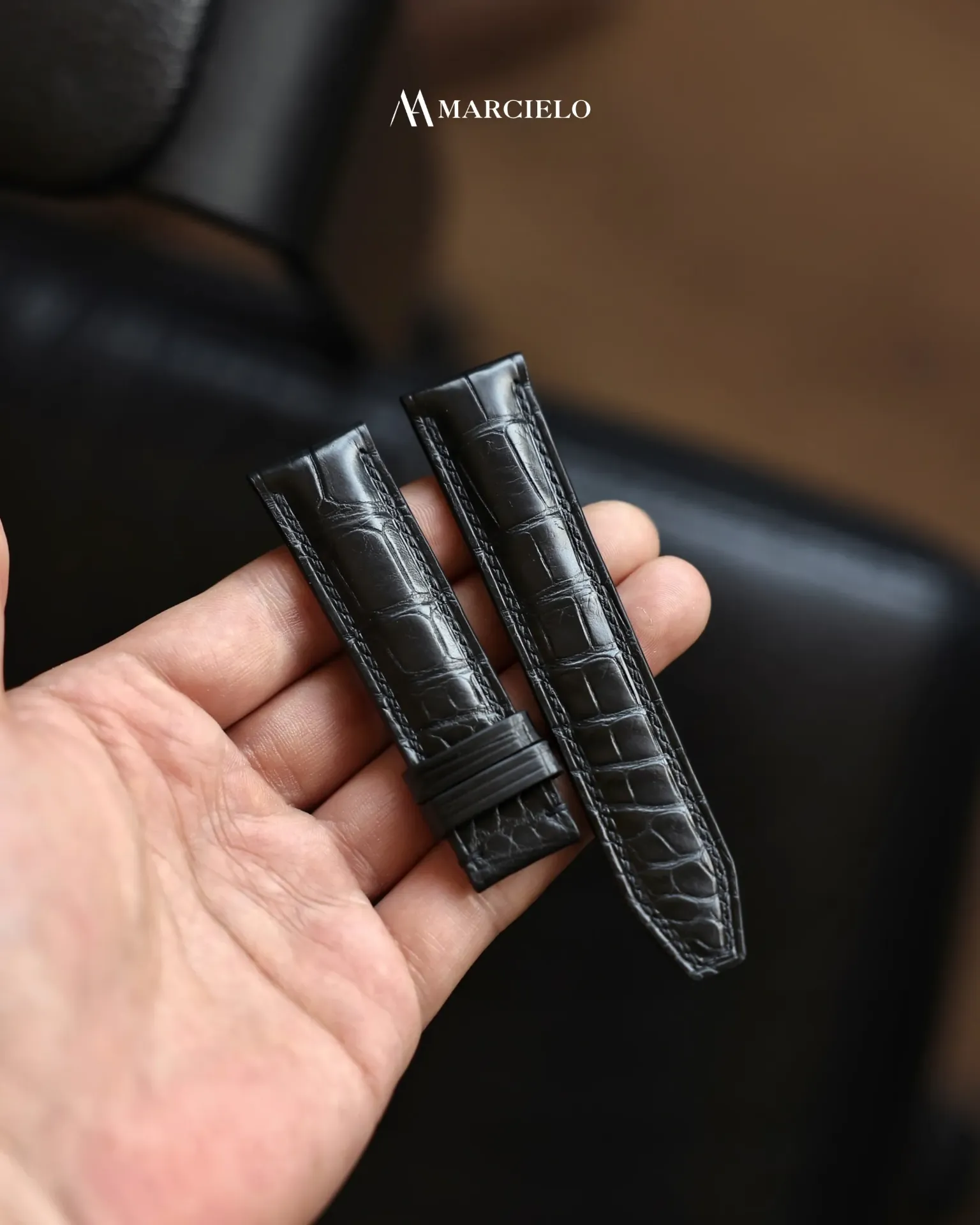 Dây đồng hồ thủ công - IWC Portofino Chronograph - Da Cá Sấu - Màu Đen