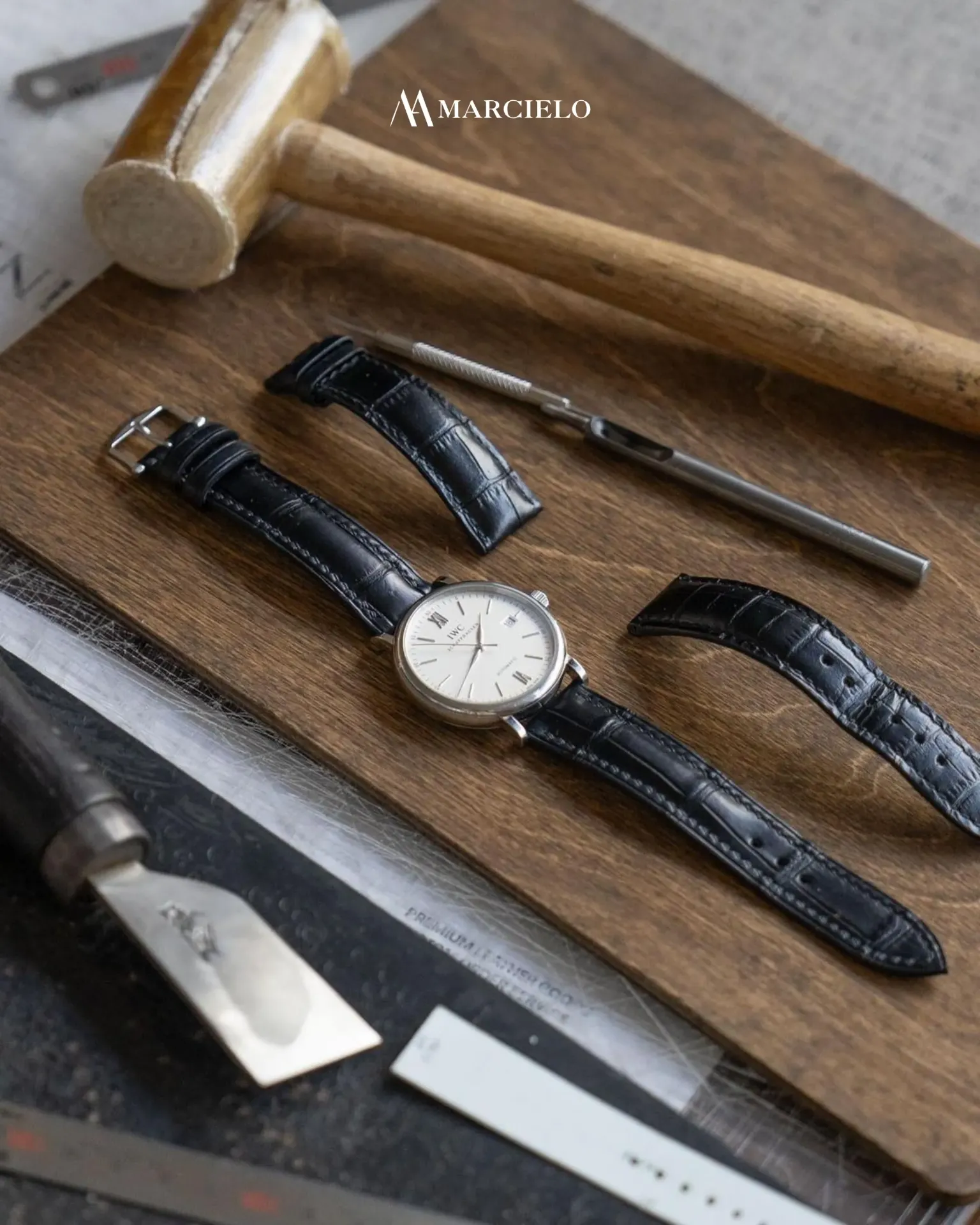 Dây đồng hồ thủ công - IWC Portofino - Da Cá Sấu - Màu Xanh Navy Nhạt