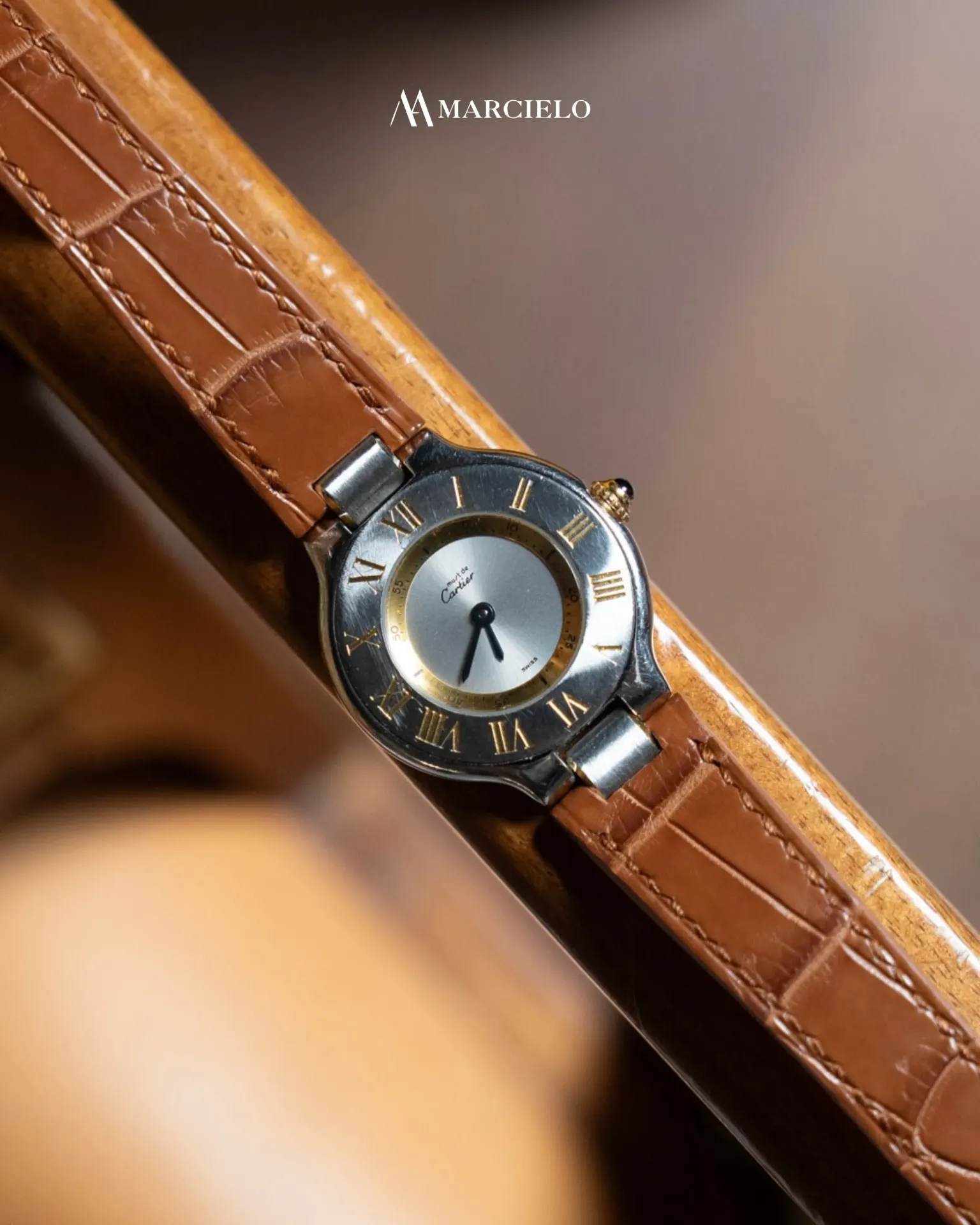 Dây da Cá Sấu màu Vàng cho Cartier 1340 (16mm-14mm, White pin buckle)