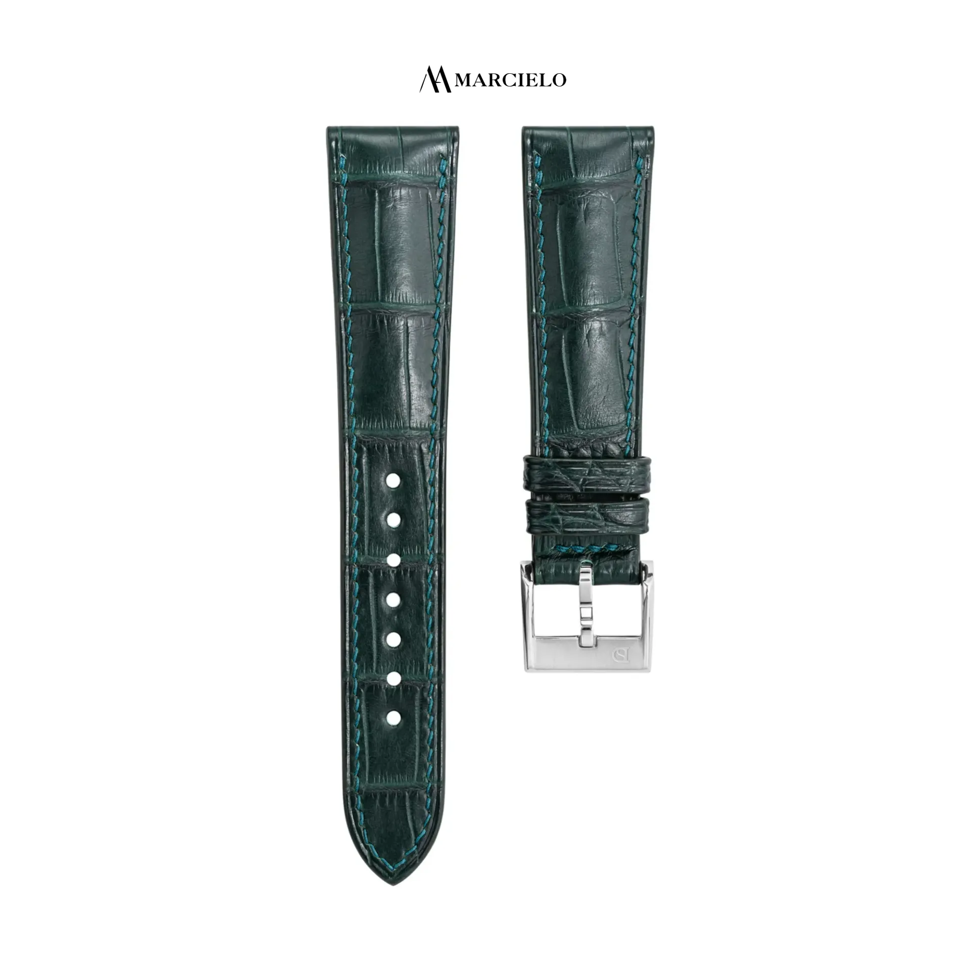 Alligator crocodile leather strap in Green (16mm-14mm, White pin buckle)