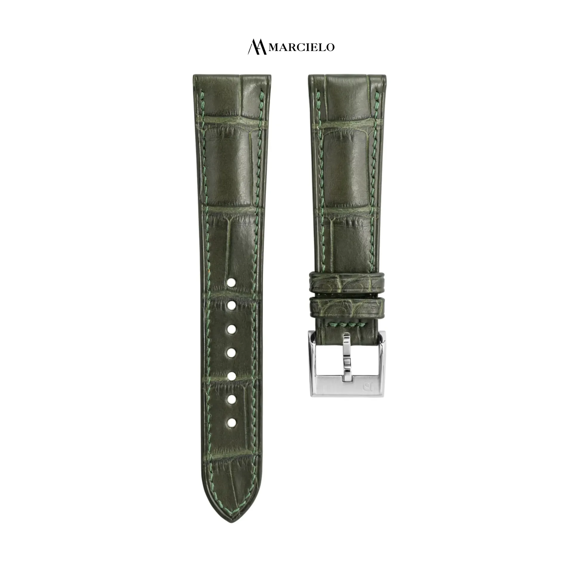 Alligator crocodile leather strap in Moss Green (16mm-14mm, White pin buckle)