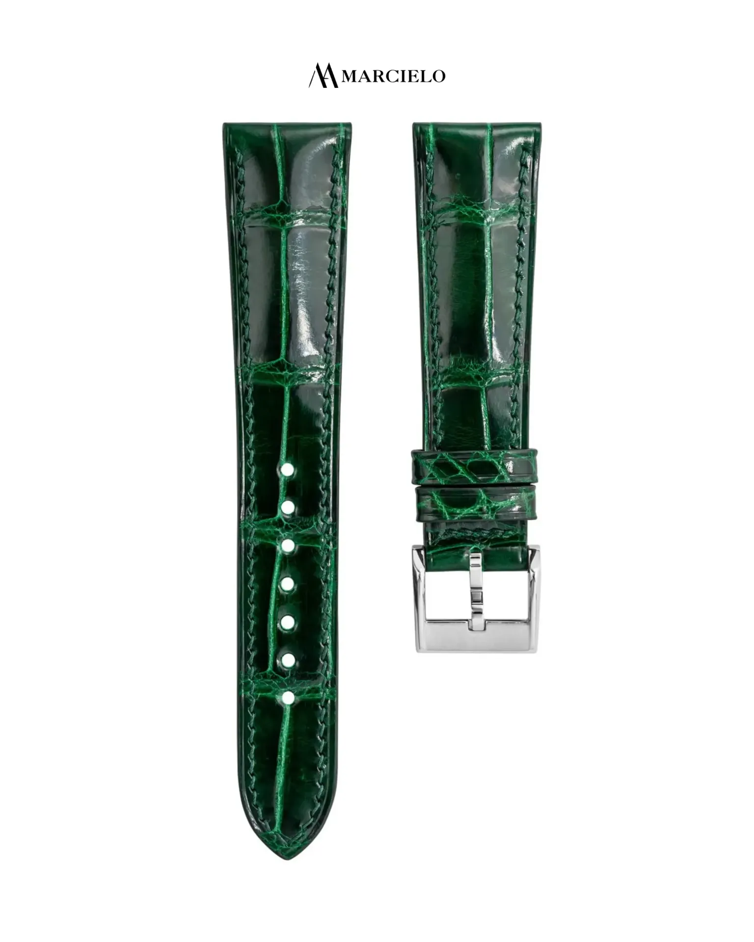 Green Coloured Crocodile Glossy Leather Strap (16mm-14mm, White pin buckle)
