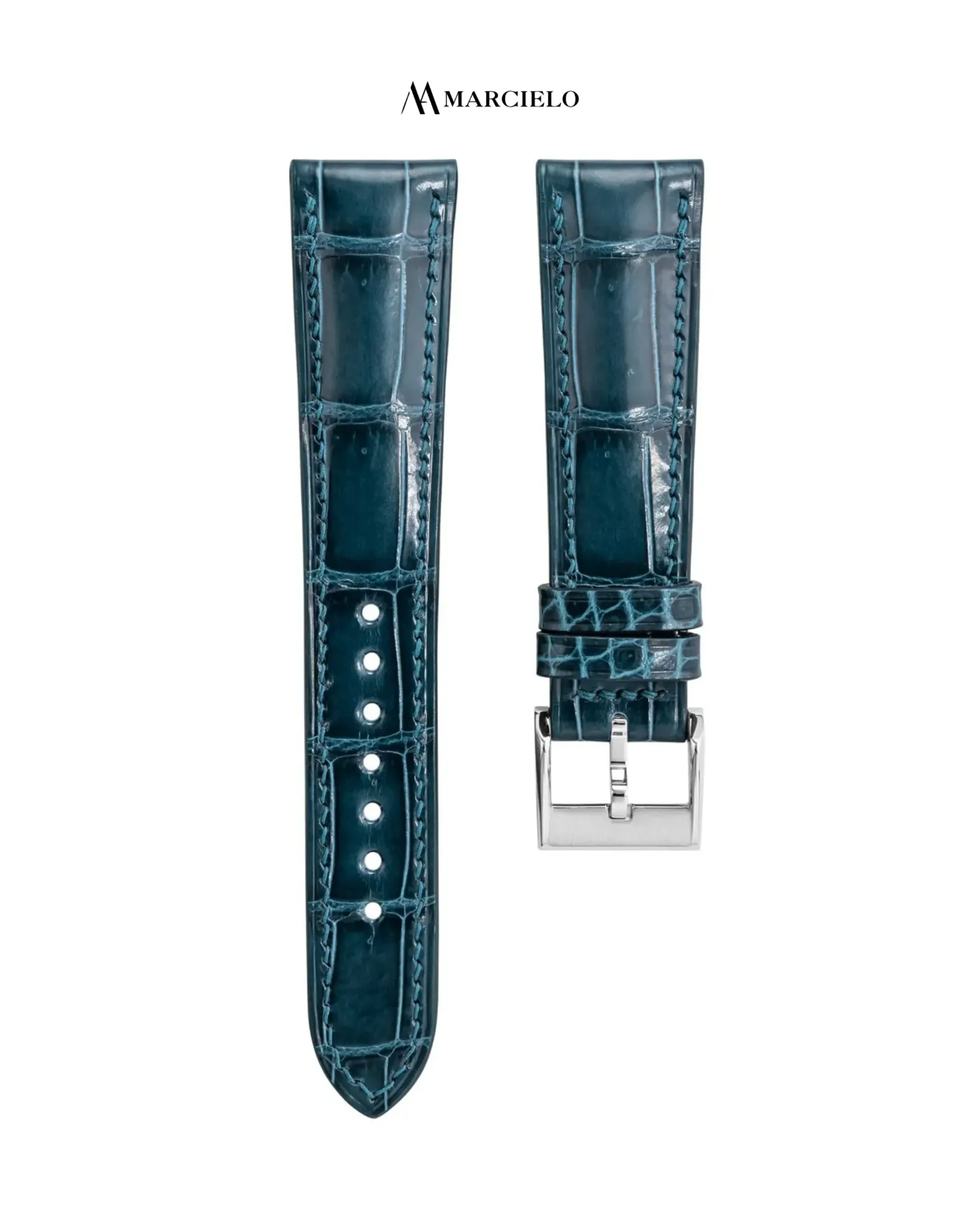 Blue Coloured Crocodile Glossy Leather Strap (16mm-14mm, White pin buckle)