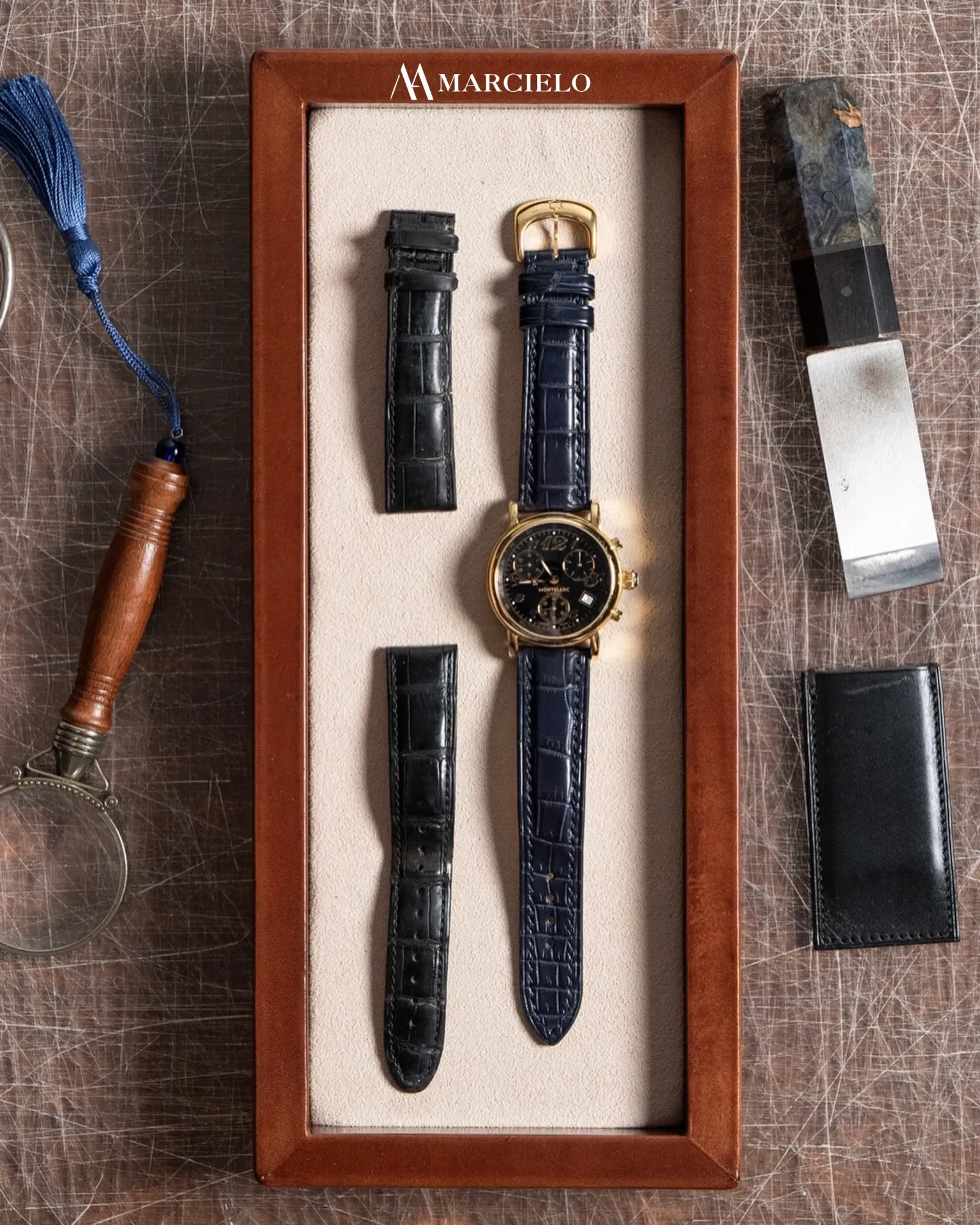 Dây đồng hồ thủ công - Montblanc Meisterstuck - Da Cá Sấu - Màu Xanh Navy