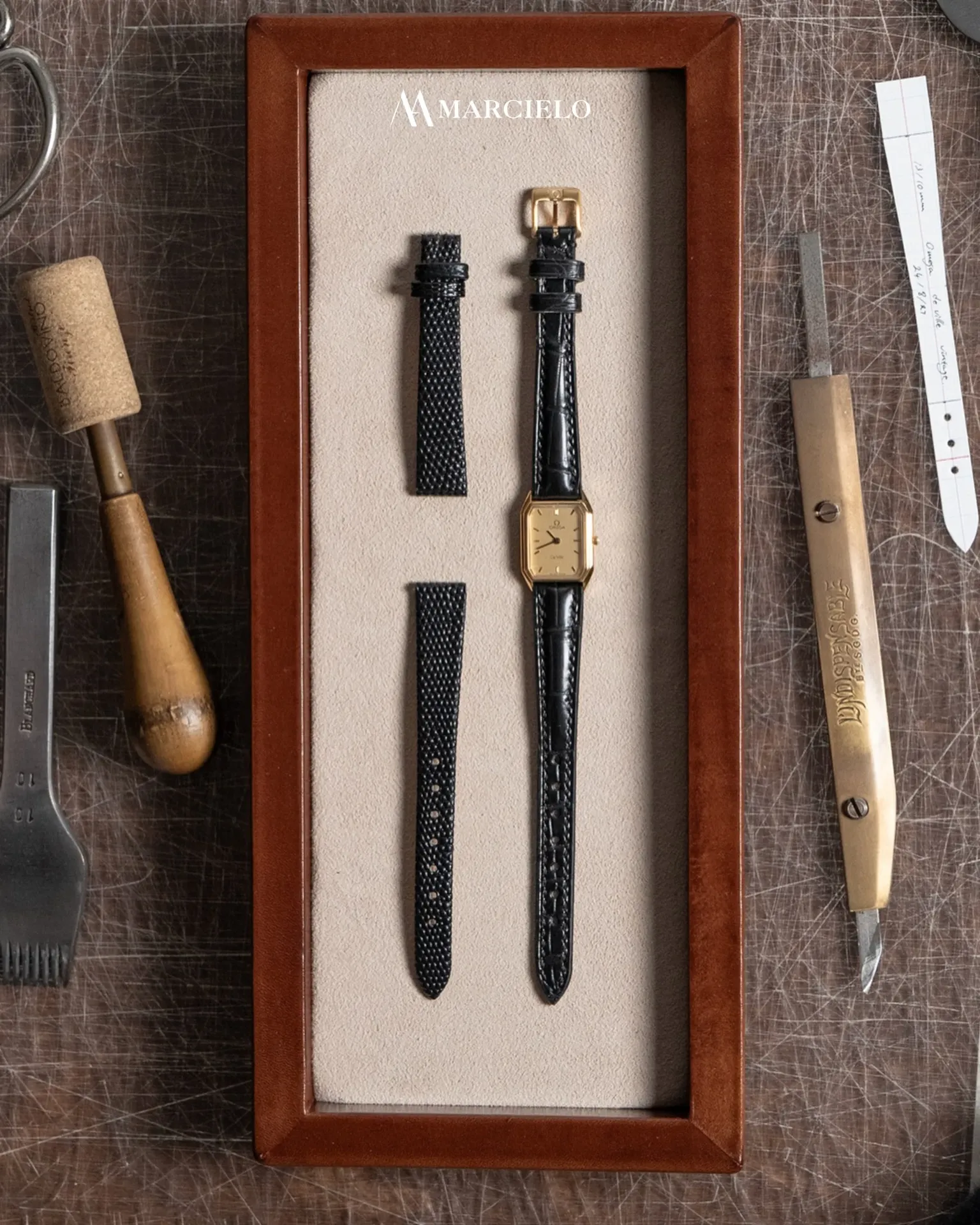 Dây đồng hồ thủ công - Omega De Ville Octagon- Da Cá Sấu - Màu Đen