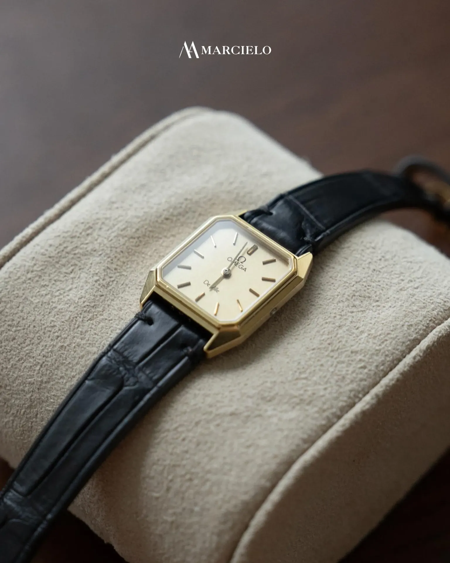 Dây đồng hồ thủ công - Omega De Ville- Da Cá Sấu - Màu Đen Không May Chỉ