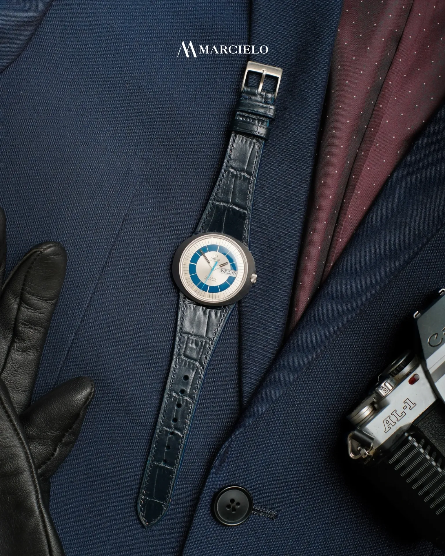 Dây đồng hồ thủ công - Omega Geneve Dynamic - Da Cá Sấu - Màu Xanh Navy Đậm